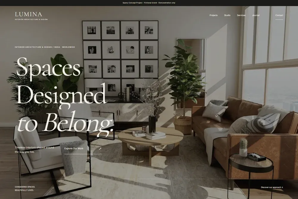 Lumina Interiors desktop homepage hero