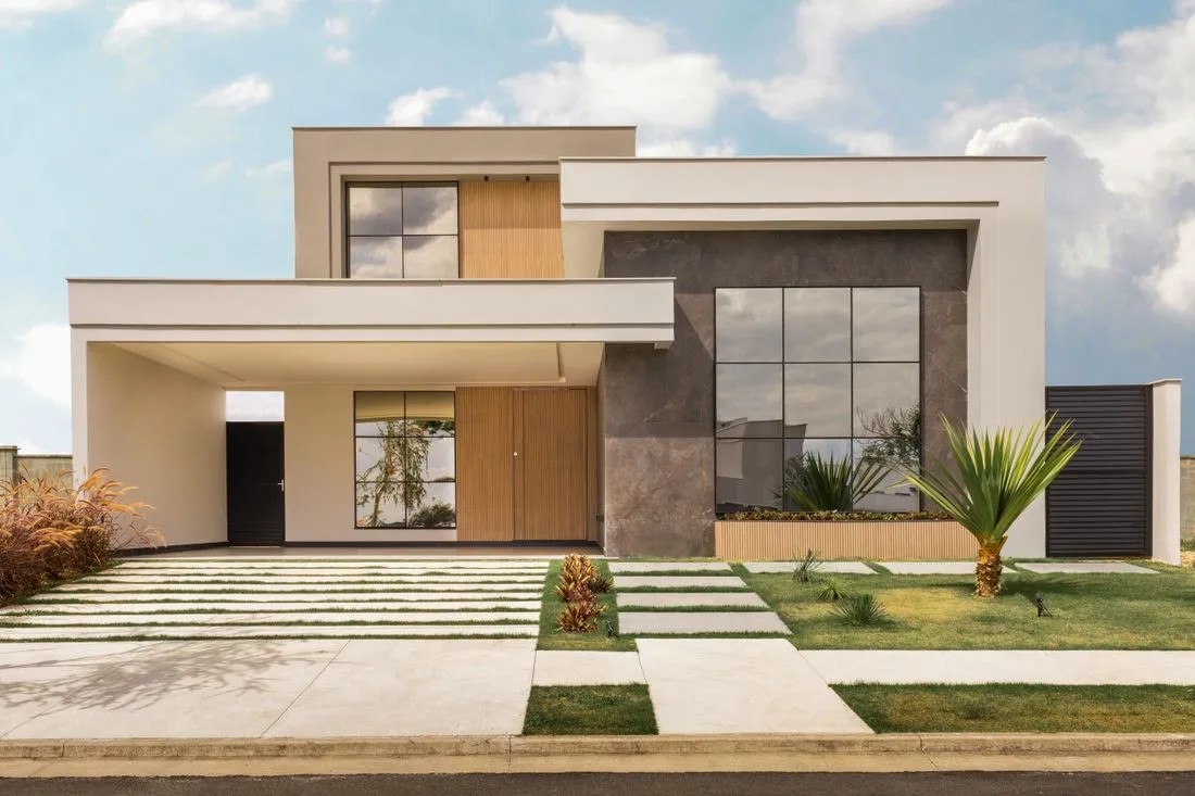 Concrete and warm timber composing a modern architectural facade