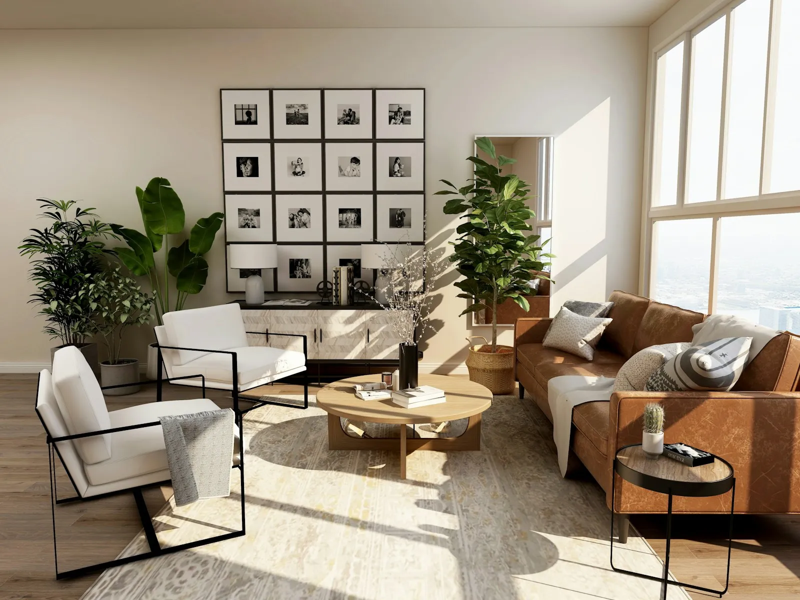 Warm, sunlit interior with neutral furnishings and natural materials